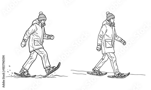 Person snowshoeing in winter gear, side view, monochrome line art illustration