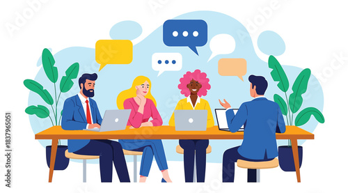 Illustration of four professionals seated around a table with laptops and speech bubbles, symbolizing workplace collaboration, active communication, and teamwork in a modern, vibrant office setting