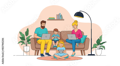 Illustration of modern family of four using laptops and tablet in cozy living room with couch, plants, and shelf, representing digital lifestyle, remote work, and technology in everyday home life