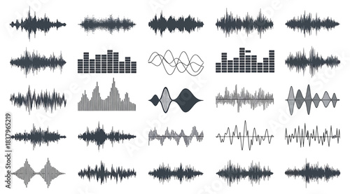 Grid of 25 colorful sound wave icons featuring waveform shapes, bar graphs, and abstract audio patterns, ideal for music production, sound design, or user interface elements in audio software