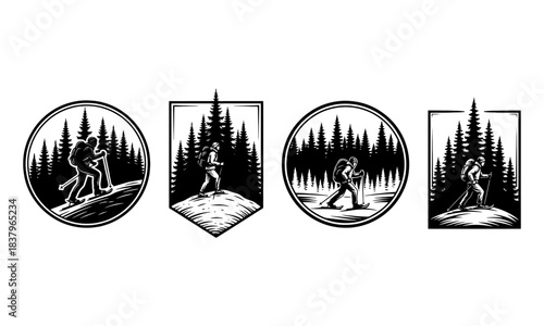 Outdoor adventurer exploring a forest landscape, retro badge emblem vector
