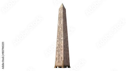 Isolated ancient Egyptian obelisk with hieroglyphs, monument of antiquity in a pyramid form