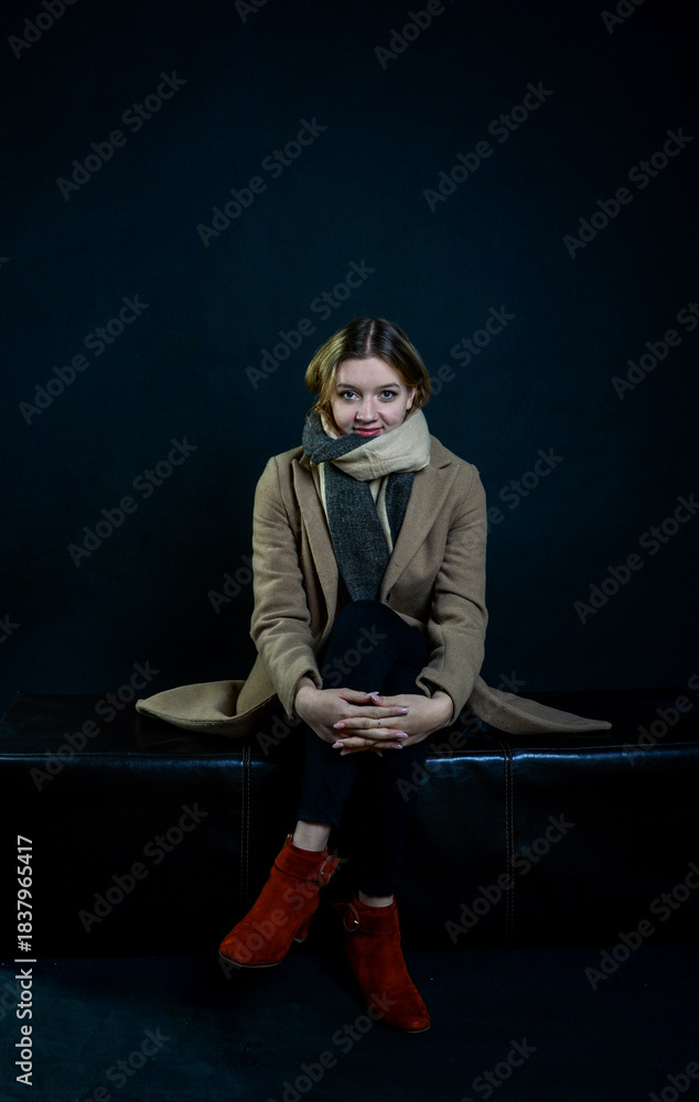 Fototapeta premium mantel, portrait, blond, müzte, schal, eingekuschelt, frau, schönheit, gestalten, haar, winter, person, leitbild, black, atelier, leute, mantel, glamour, dark, jacke, 1, lächeln, kopf, auge, erkältung