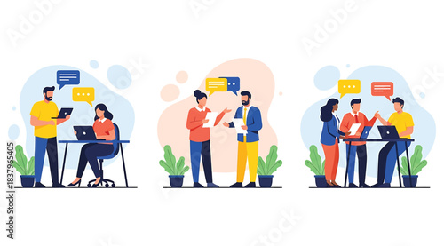 Illustration of three collaborative workplace scenes showing professionals discussing ideas with tablets, laptops, and speech bubbles in a modern, colorful environment emphasizing teamwork and communi