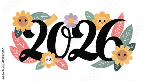 Embracing 2026: A vibrant and colorful display, symbolizing the arrival of a new year, blossoms with playful floral elements and expressive typography. 