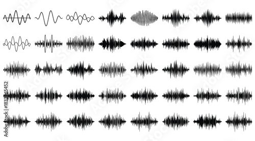 Grid of 35 symmetrical waveform visualizations in black on white background, showcasing diverse audio signal patterns for use in sound analysis, acoustic design, or digital signal representation