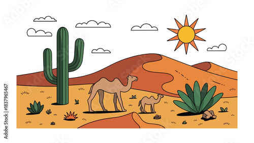 Desert Oasis Illustration: A serene desert scene unfolds with majestic camels traversing rolling dunes under the scorching sun, complete with a saguaro cactus, plants, and fluffy clouds.