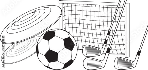 Black and white line drawing of soccer ball frisbees golf clubs and net football disc