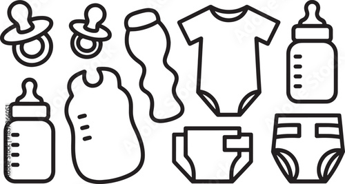 Original name(s): Black line art baby essentials collection including pacifiers bottles bib bodysuit and diapers infant