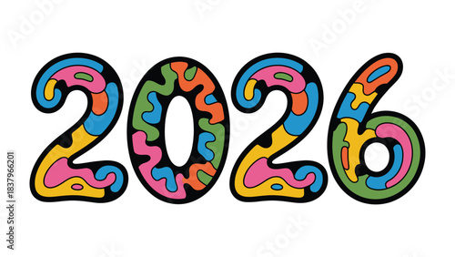 Psychedelic 2026: An eye-catching, vibrant illustration showcasing the year 2026, rendered in a groovy, psychedelic style, evoking a sense of nostalgia, creativity, and the future. 