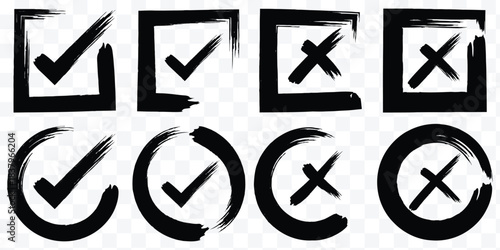 Check mark icons set. Green brush stroke check mark, tick symbols, checklist signs. Grunge brush stroke signs. Grunge checkmark design. Dirty grunge stroke checkmark sign vector illustration Handdrawn