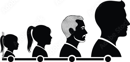 Human life stages silhouette, aging progression icon, black illustration, developmental timeline concept, generational profile symbol, child to elder transition graphic