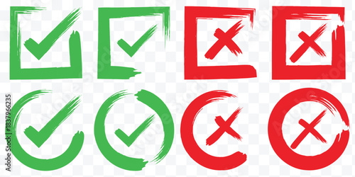 Check mark icons set. Green brush stroke check mark, tick symbols, checklist signs. Grunge brush stroke signs. Grunge checkmark design. Dirty grunge stroke checkmark sign vector illustration Handdrawn