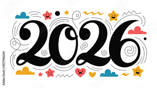 The New Year Ahead: A whimsical and creative graphic design celebrates the year 2026, featuring playful elements such as stars and clouds