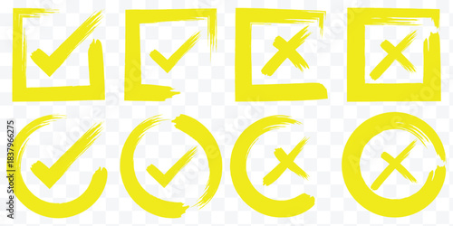 Green checkmark marker icon vector flat illustration design. Check mark grunge icon set. Hand drawn doodle checkmark and cross icons set checklist marks in box and circle grunge brush style vector eps