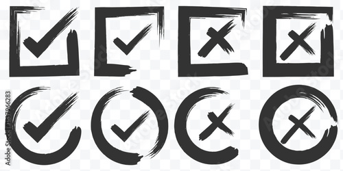 Green checkmark marker icon vector flat illustration design. Check mark grunge icon set. Hand drawn doodle checkmark and cross icons set checklist marks in box and circle grunge brush style vector eps