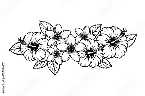 Black and white floral arrangement of hibiscus and plumeria