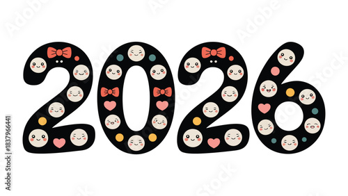 2026 Typography: A playful illustration spells out the year 2026 with each number adorned with cute face emojis, bows and hearts.