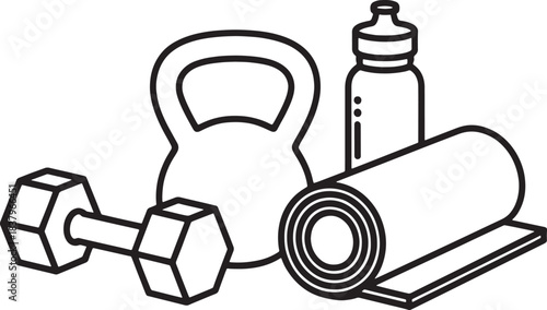 Black line drawing of fitness equipment including dumbbell kettlebell yoga mat and water bottle vector