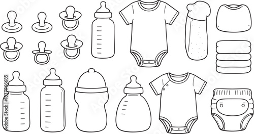 Collection of baby items including pacifiers bottles onesies bib and diapers nipple baby bottle