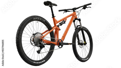 Isolated orange dual suspension mountain bicycle facing left, sport equipment on no background