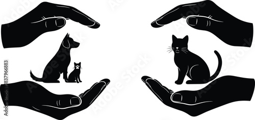 Silhouette hands protecting pets, dog and cat safety concept, animal care and protection illustration, pet welfare symbol, black figures isolated on white background