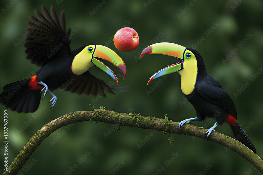 Fototapeta premium Momento vibrante nel paradiso tropicale: il tucano arcobaleno in un acrobatico rituale di corteggiamento