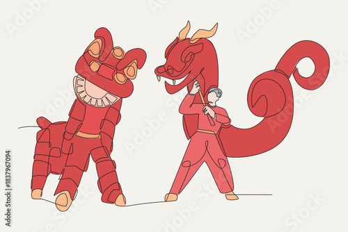 Colored lion and dragon dances concept one-line drawing