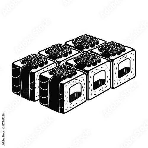 Black and white illustration of sushi rolls with caviar