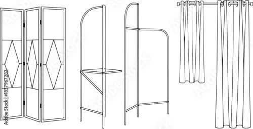 Line drawing illustration of a folding screen room divider and curtains privacy screen