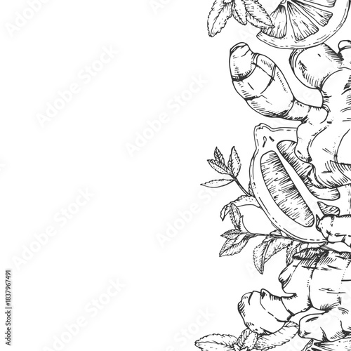 Ginger, mint and lemon vector frame. Hand-drawn ink background. Design elements for drink labels, menus, and recipes.