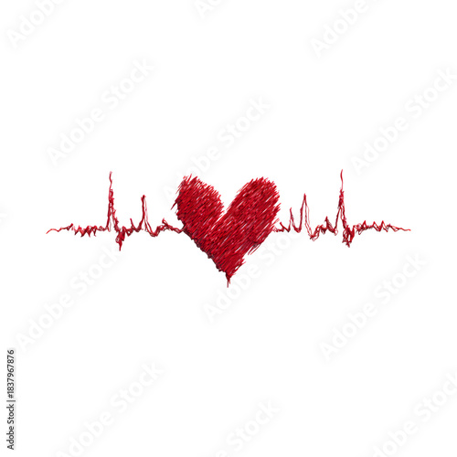 Heartbeat with heart sketch isolated on transparent background