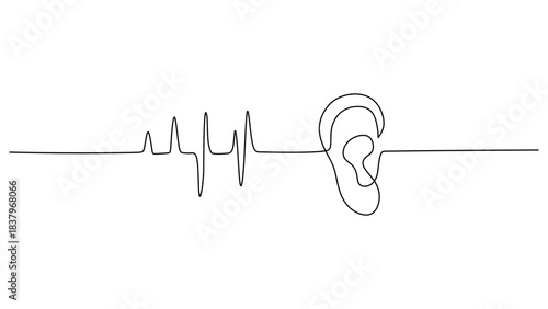 One Line Drawing of a Human Ear and Soundwave