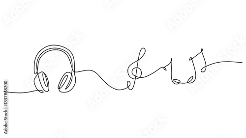 Continuous Line Drawing of Headphones with Musical Notes
