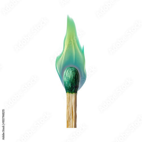 Burning match with green flame isolated on transparent background