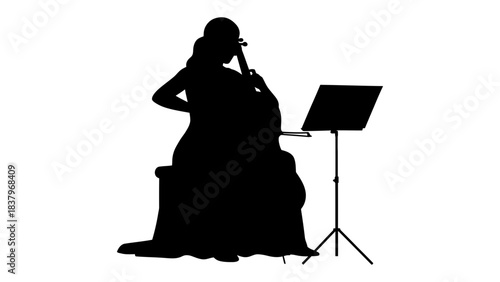 Silhouette of woman playing cello with music stand illustration