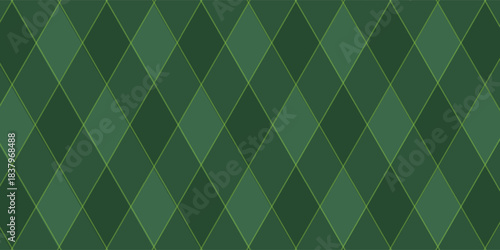 Christmas rhombus seamless pattern. Xmas plaid texture with gold line and stars. Green argyle geometric diamond abstract pattern. Christmas wrapping. Vector illustration isolated on green background.