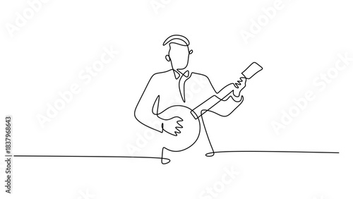 One Line Drawing of a Man Playing a Banjo Instrument