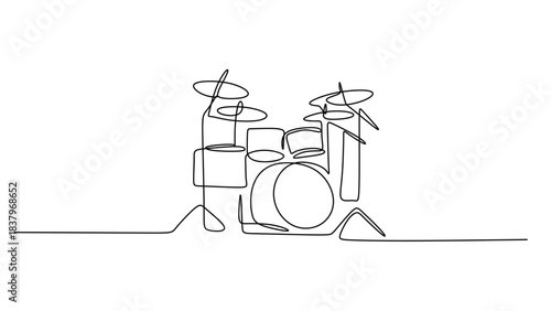 Continuous Drawing of a Drum Kit with snare drum and cymbals.
