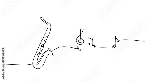 Single Line Art of a Saxophone with Abstract Music Notes