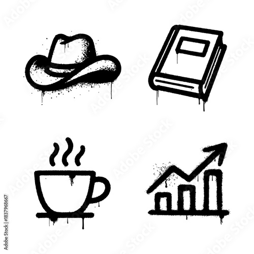 Set of Spray Painted Grungy Icons Cowgirl Hat Book Coffee Chart