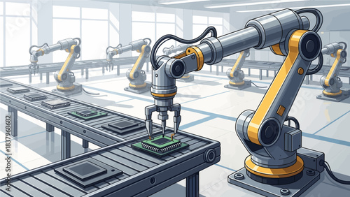 Robotic Arm Assembly Line Installing Microchip in Modern Electronics Manufacturing Factory