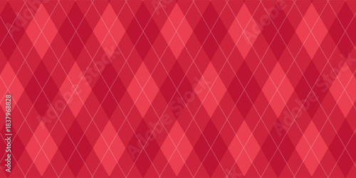 Christmas rhombus seamless pattern. Xmas red plaid texture with gold line. Argyle geometric diamond abstract pattern. Christmas design wrapping bg. Vector illustration isolated on red background.