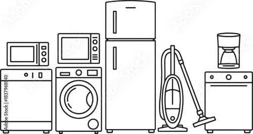 Line drawing illustration of kitchen appliances and cleaning equipment refrigerator microwave