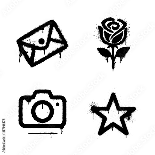 Set of Spray Painted Grungy Icons Envelope, Rose, Camera, and Star Symbols