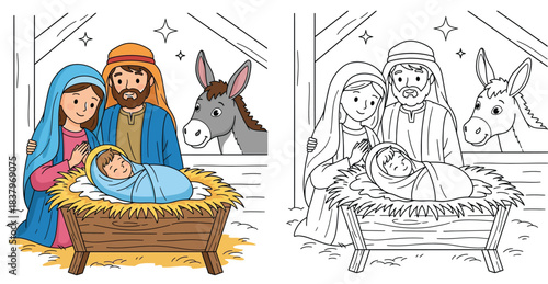 Christmas nativity scene vector illustration with coloring page outline featuring Mary Joseph Baby Jesus and donkey in stable cute cartoon holy family doodle for kids education