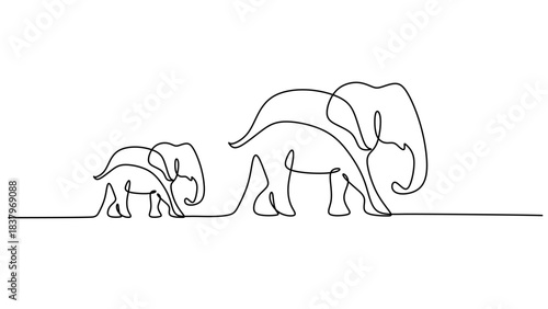 One Line Drawing of Mother and Baby Elephant Together