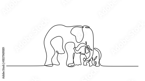 Continuous Line Art of a Mother Elephant with Her Baby
