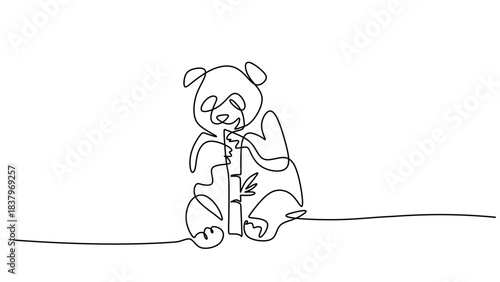One Line Art of a Cute Panda Bear Eating Bamboo