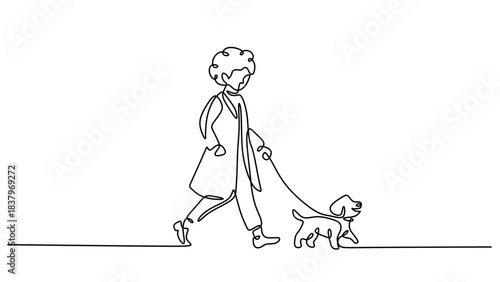Continuous Line Drawing of a Woman Walking Her Dog
